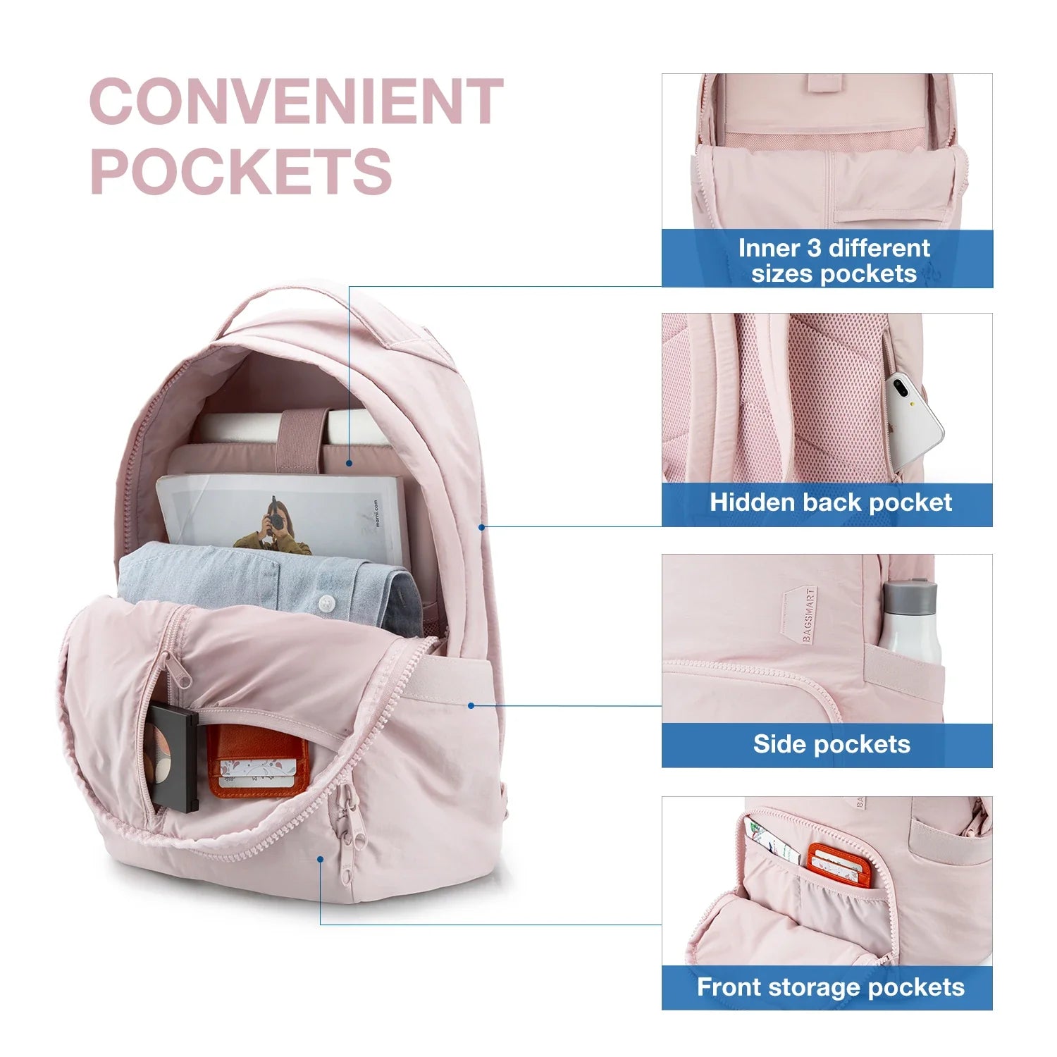 BAGSMART School Bag Women's Backpack 13 Inch Laptop Bag Travel Cute Kawaii Anti Theft Waterproof Nylon Backpacks Women Book Bag - Tasawoq