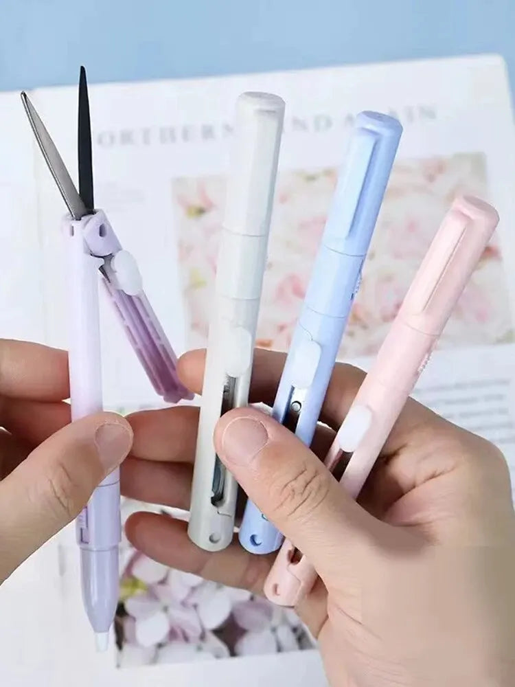 1pc Mini Portable Scissors Paper Cutter Knife 2 In 1 Multifunctional Pocket Pen Shape Scrapbooking Carving Cutting Art Tools