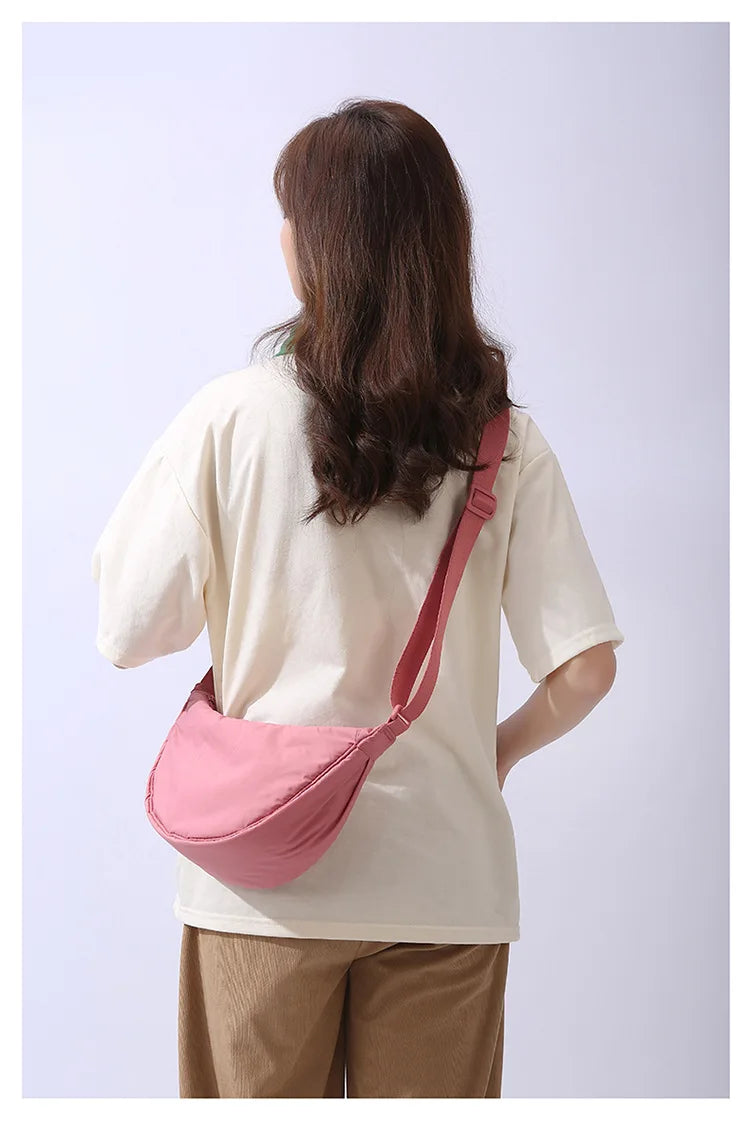 Solid Color Women's Portable Shoulder Bag Simple Female Nylon Cloth Padded Crossbody Bags Travel Purse Handbags Messenger Bag - Tasawoq