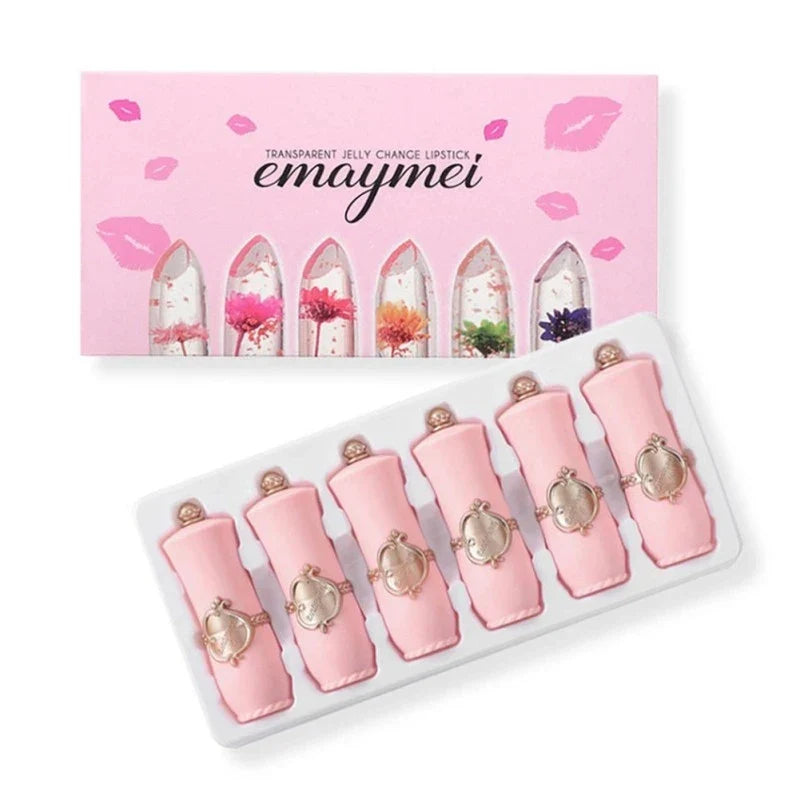 make up 6pcs Lipstick Set Flower Jelly Crystal Clear Long Lasting Lips Color Change Pink lip gloss Cosmetics - Tasawoq