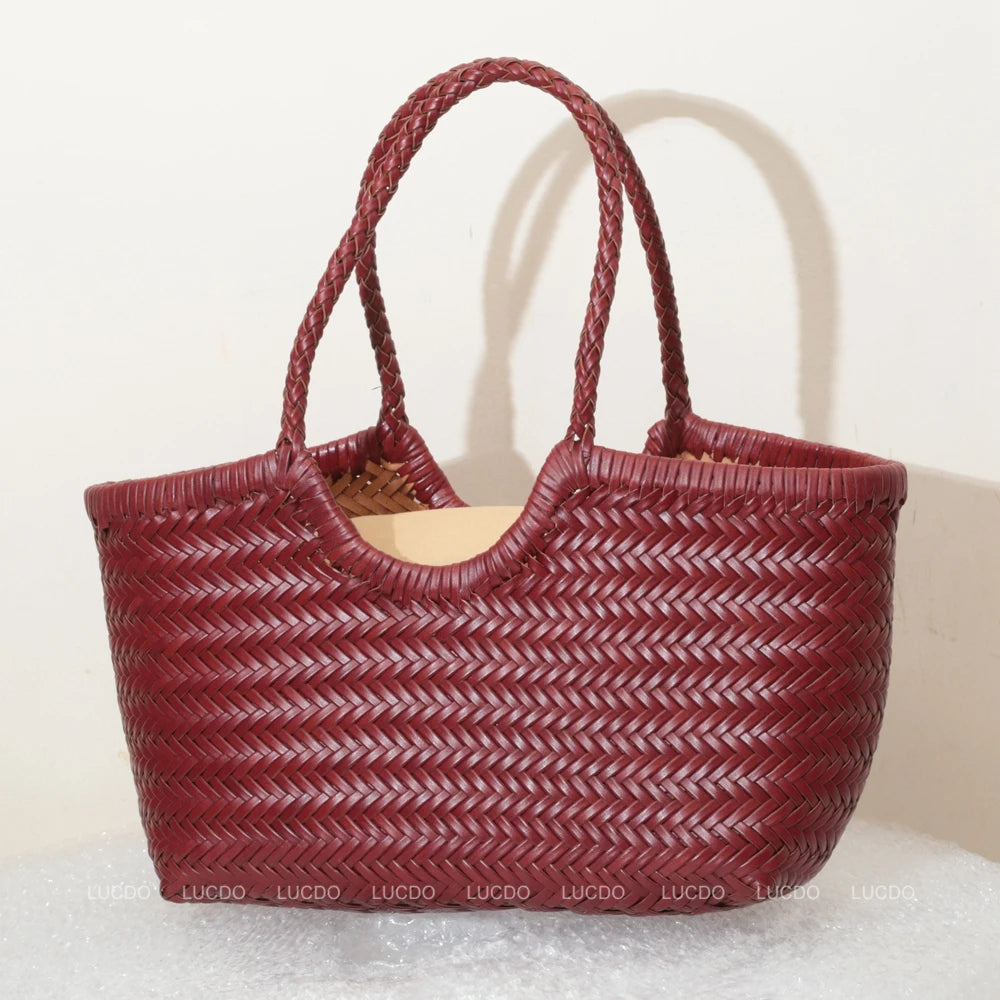 Handbags Women's Genuine Leather Shoulder Bag Weaving Casual Shopping Bag Vintage Big Tote Purse Cowhide Cross Hand Bags Lady - Tasawoq