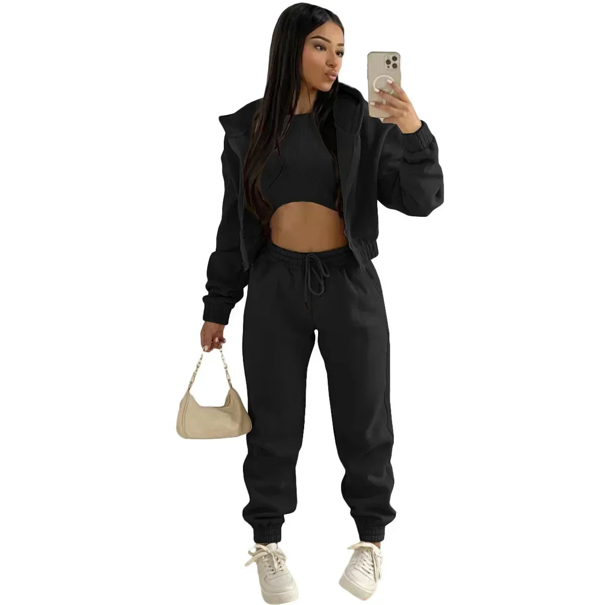 3pcs Women's Clothing Set Fleece-lined Hooded Sweater &Sleeveless Tank Top & Sports Sweatpants Pants - Tasawoq