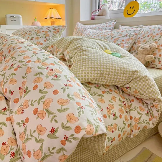 Pink Floral Bedding Set Soft Ins Single Double Queen Size Duvet Cover Flat Sheet Pillowcase Girls Home Totel Bed Linens - Tasawoq