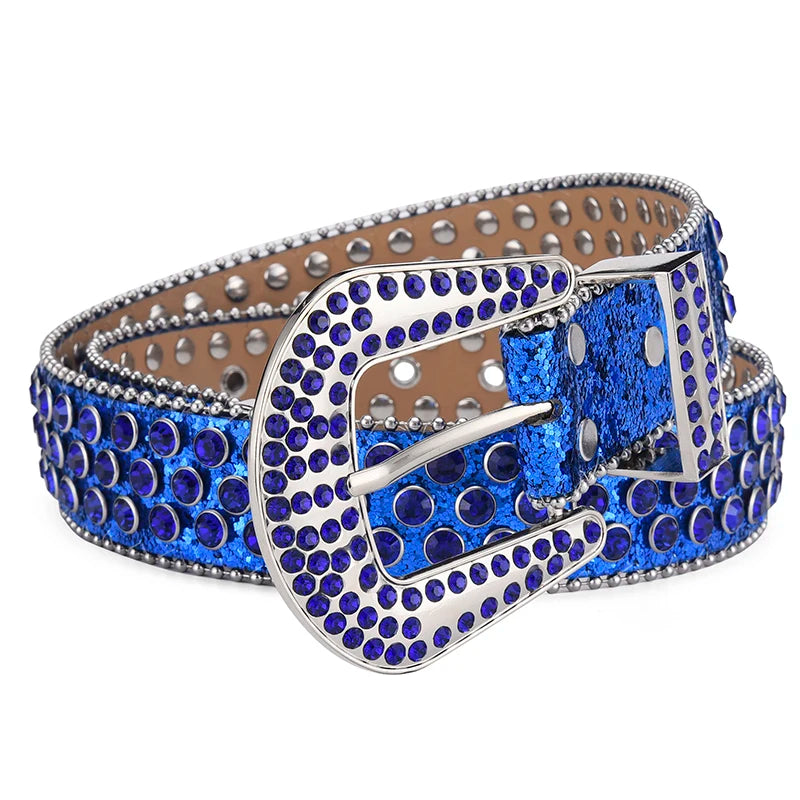 Men's Jeans Rhinestone Large Size Belt Women's Belt Western Denim Shiny Rivet Design Leather HipHop Punk Rock Y2K Style Belt - Tasawoq