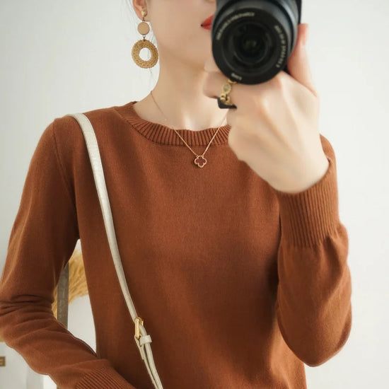 Women's 100% High-quality Cotton Knitted Sweater, Temperament Round Neck Top, Breathable And Versatile Pullover, Long Sleeved - Tasawoq