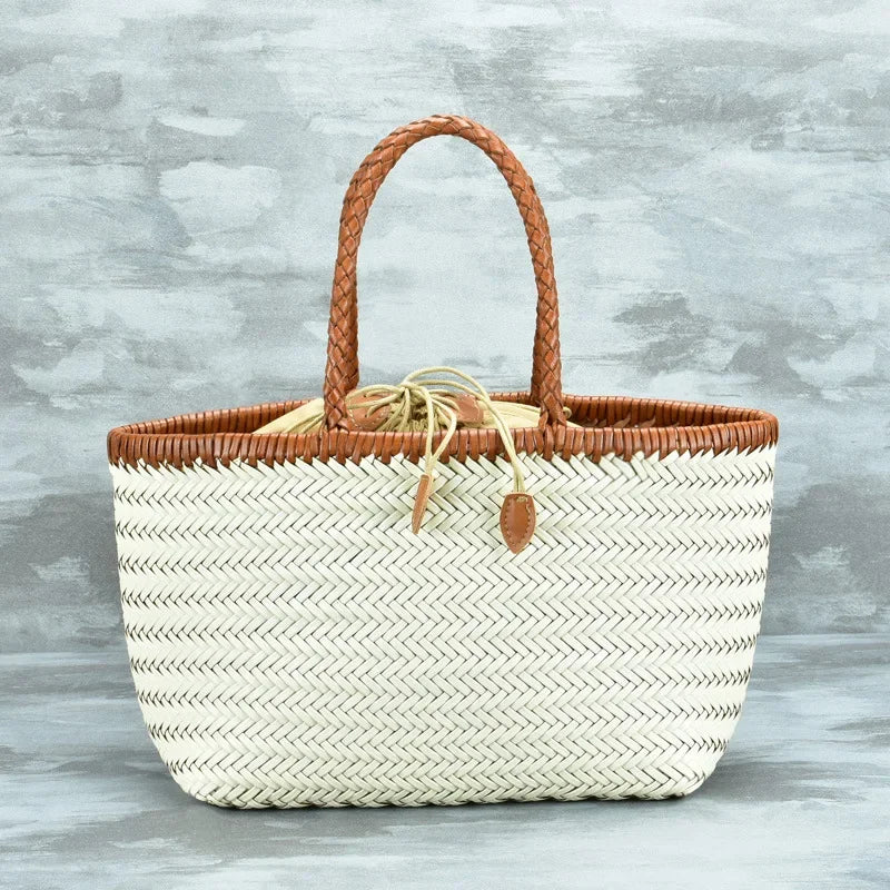 Handbags Women's Genuine Leather Shoulder Bag Weaving Casual Shopping Bag Vintage Big Tote Purse Cowhide Cross Hand Bags Lady - Tasawoq