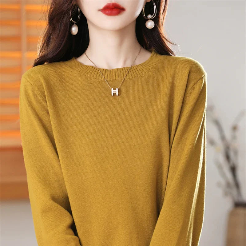 Women's 100% High-quality Cotton Knitted Sweater, Temperament Round Neck Top, Breathable And Versatile Pullover, Long Sleeved - Tasawoq