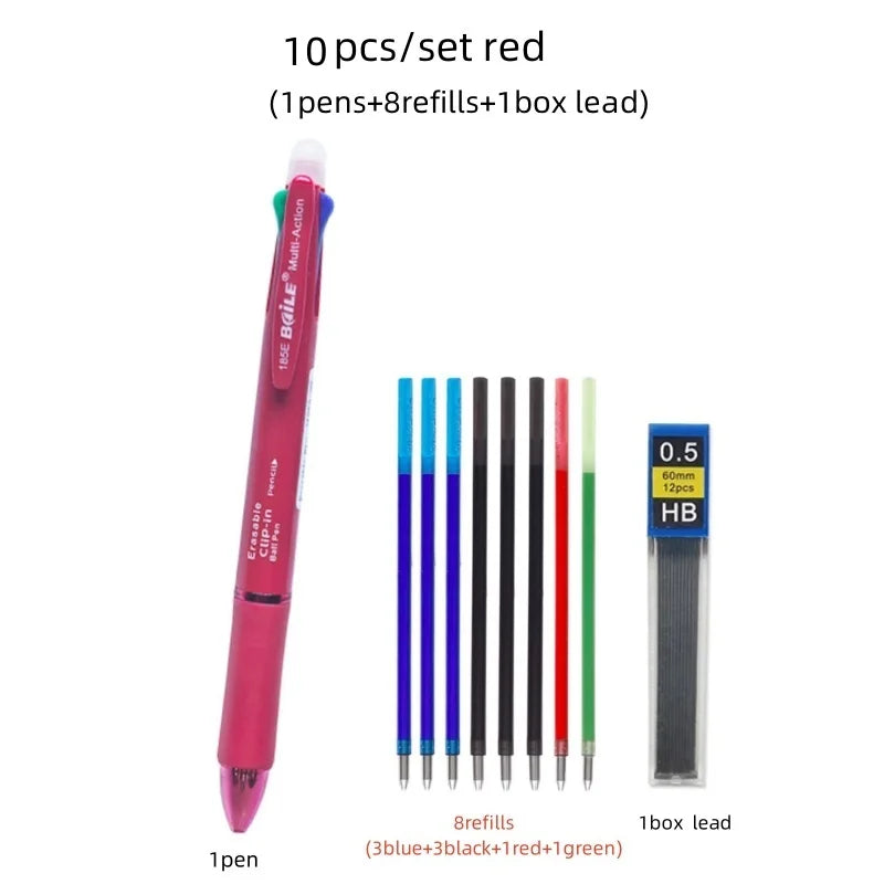 5 In 1 Multicolor Erasable Gel Pen with 4 Colors Replaceable Pen Refill 1 Automatic Pencil Lead Stationery School Writing Supply