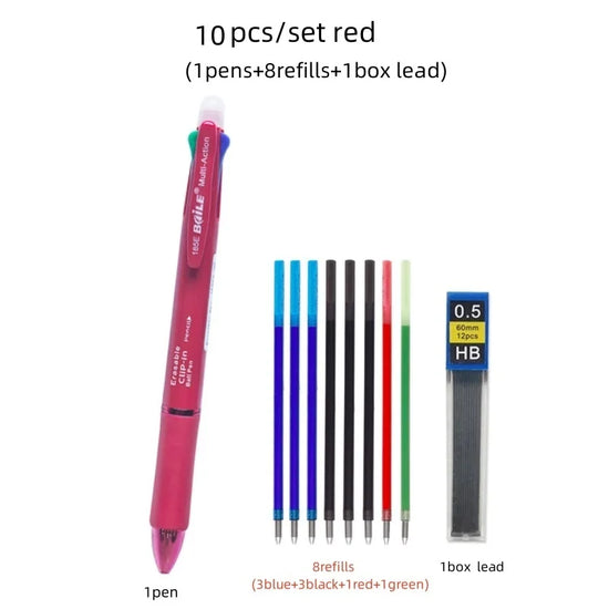 5 In 1 Multicolor Erasable Gel Pen with 4 Colors Replaceable Pen Refill 1 Automatic Pencil Lead Stationery School Writing Supply