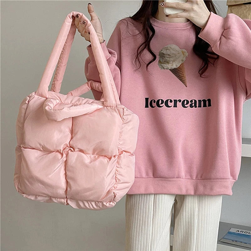 Women Retro Checkered Quilted Shoulder Bag Solid Color Winter Soft Handbags Soft Tote Handbags - Tasawoq