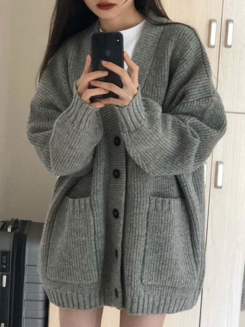 Autumn Winter Women Cardigan Sweater Coats Fashion Female Long Sleeve V-neck Loose Knitted Jackets Casual Sweater Cardigans - Tasawoq