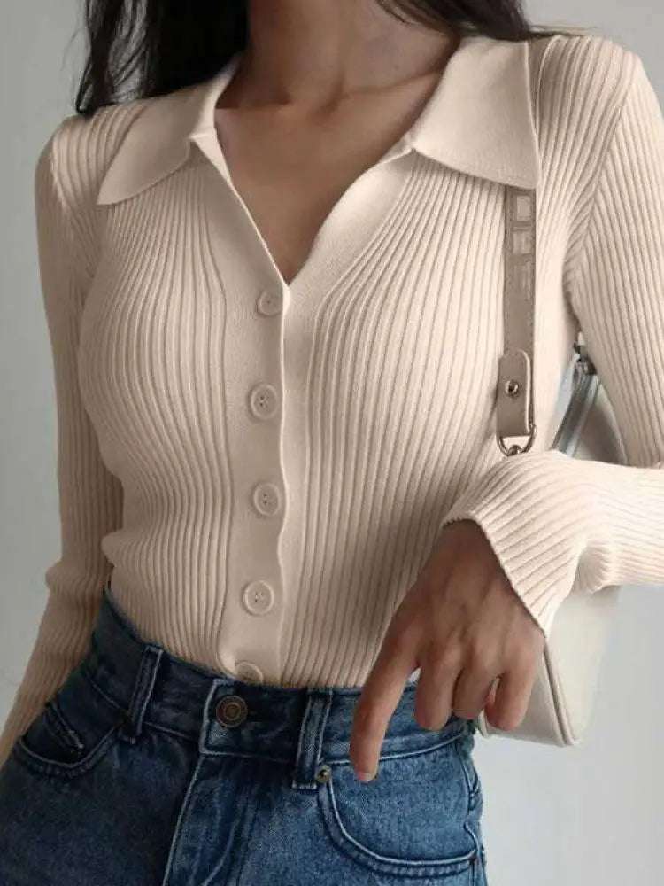 AOSSVIAO 2025 Ladies Buttons Sexy V Neck Long Sleeve POLO Neck Knit Cardigan Sweater Women Lapel Slim Tops - Tasawoq