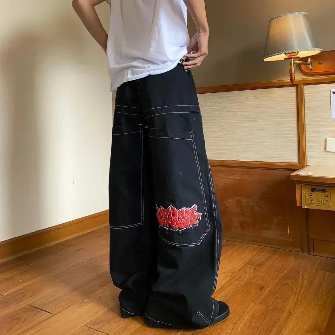 2024 New American Trend Retro Hip-hop Embroidery Pattern Baggy Jeans For Men And Women Y2K Harajuku Gothic Wide Pants Streetwear - Tasawoq