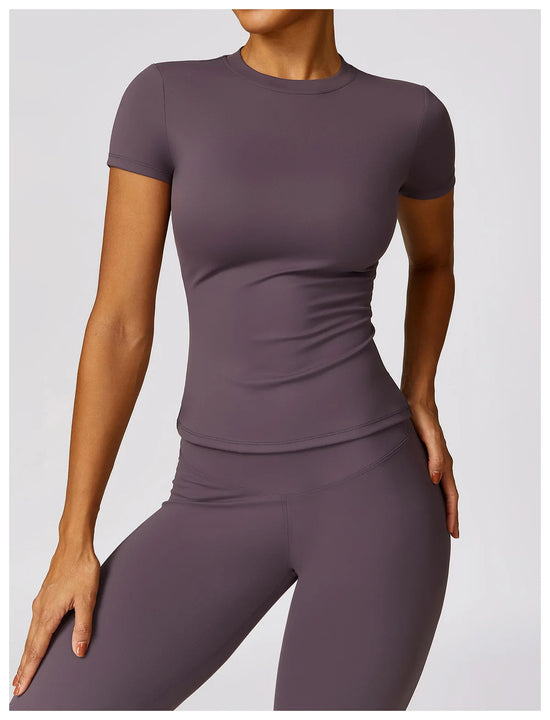 NCLAGEN Women Running Sports T Shirt Summer Short Sleeve Round Neck Breathable Stretchy GYM Yoga Slim Fitness Active Top Tee - Tasawoq