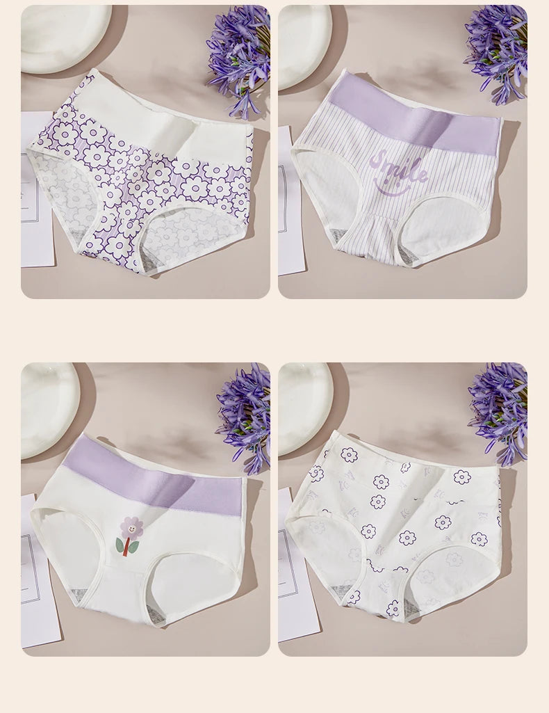 4Pcs/Set Cotton Panties Women High Waist Slimming Underwear Cute Print Young Girls Briefs Plus Size M-4XL Soft Female Lingerie - Tasawoq