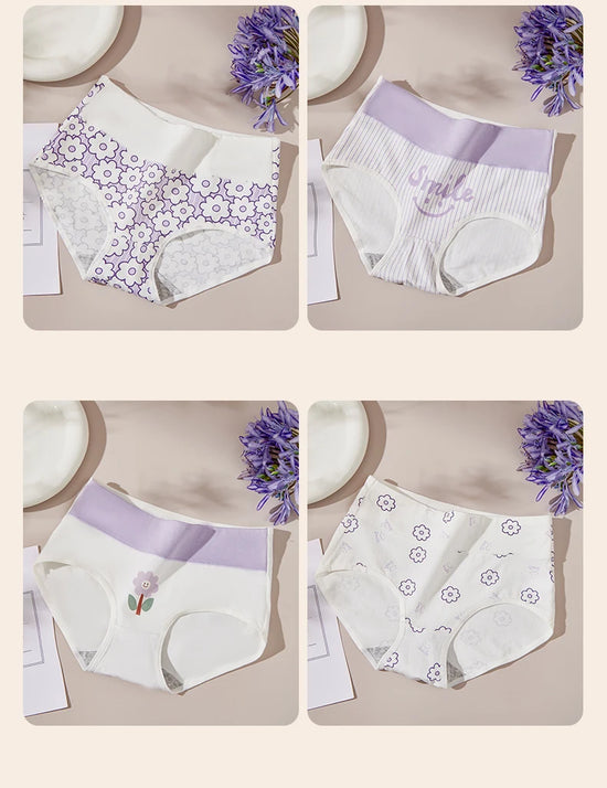 4Pcs/Set Cotton Panties Women High Waist Slimming Underwear Cute Print Young Girls Briefs Plus Size M-4XL Soft Female Lingerie - Tasawoq