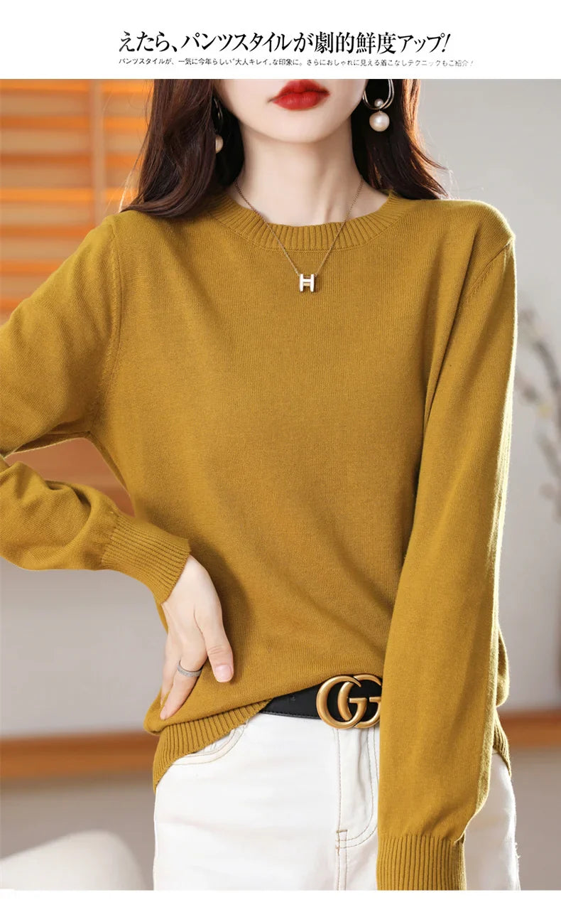 Women's 100% High-quality Cotton Knitted Sweater, Temperament Round Neck Top, Breathable And Versatile Pullover, Long Sleeved - Tasawoq