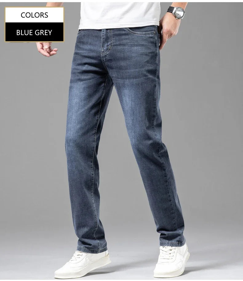 Summer Thin Men's Elastic Cotton Jeans Fashion Gray Comfortable Business Straight Casual Pants Brand Male Clothes Trousers - Tasawoq