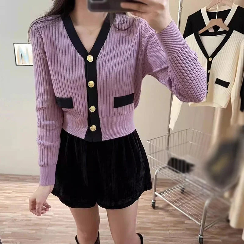 Women's Korean Version Sweater jacket V-neck Knitted Long Sleeved Cardigan Jacket - Tasawoq
