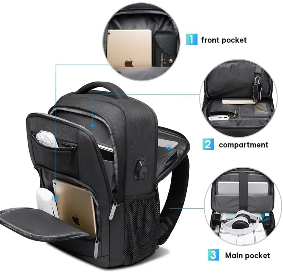BANGE Travel Waterproof Backpack with USB Charging Port Fit 15.6 Inch Laptop Backpacks for Men and Women, Teenager School Bags - Tasawoq