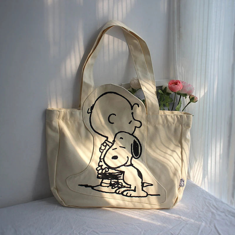 New Cartoon Fashion Snoopy Canvas Shoulder Bag Casual Cute Large Capacity Female Student Tuition Crossbody Bag - Tasawoq