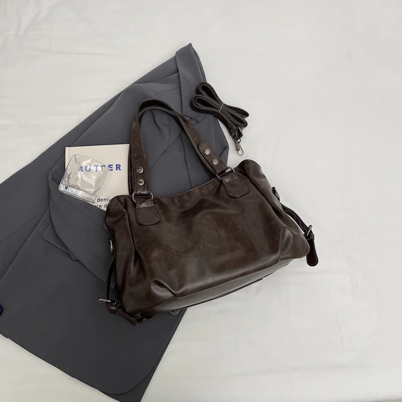 1 Piece Women's Pure Color Pu Retro Large Capacity Shoulder Tote Bag - Tasawoq