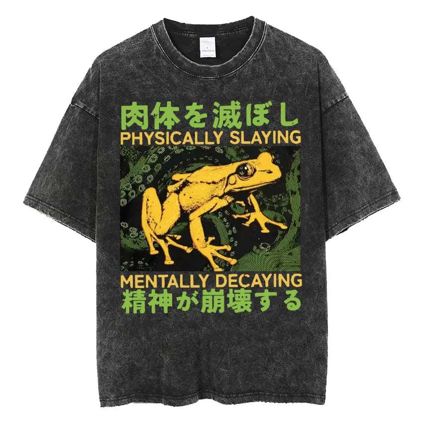 The Horrors Are Never Ending Yet I Remain Silly T-shirt Funny Japanese Style Frog Retro Washed T Shirt Men's Oversized Tees Tops - Tasawoq