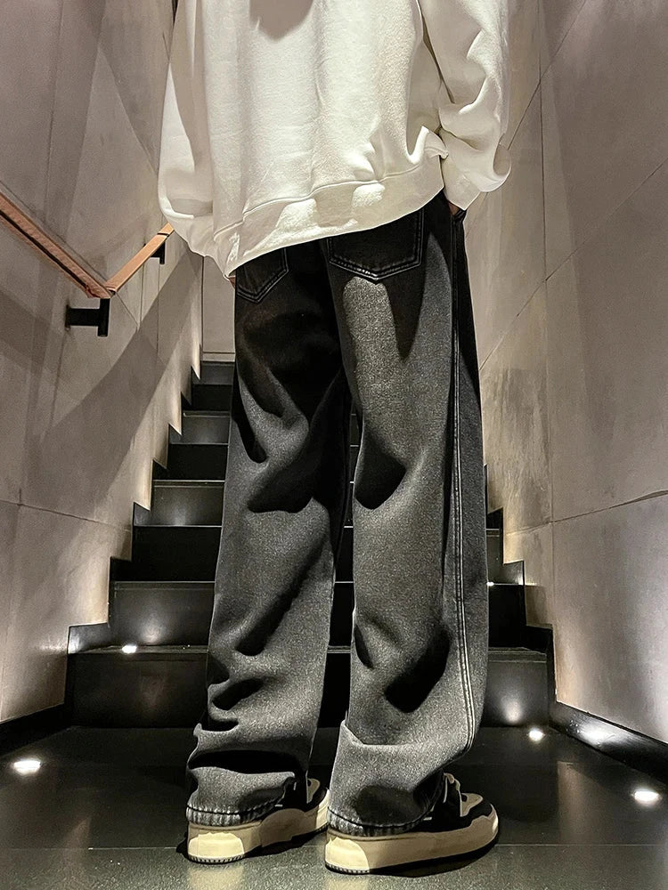 Winter Men's Jeans Korean Fashion Fleece Liner Thick Warm Straight Denim Pants Washed Cotton Retro Blue Wide Leg Jean Trousers - Tasawoq
