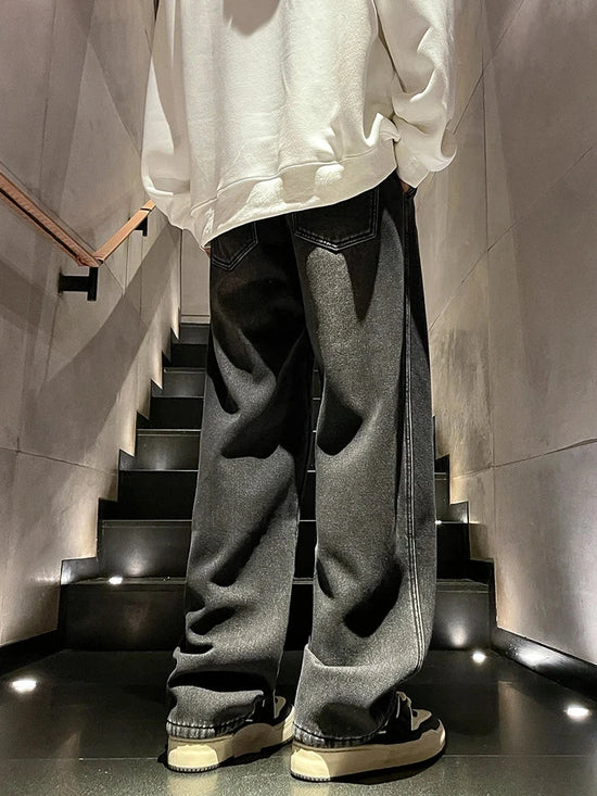 Winter Men's Jeans Korean Fashion Fleece Liner Thick Warm Straight Denim Pants Washed Cotton Retro Blue Wide Leg Jean Trousers - Tasawoq