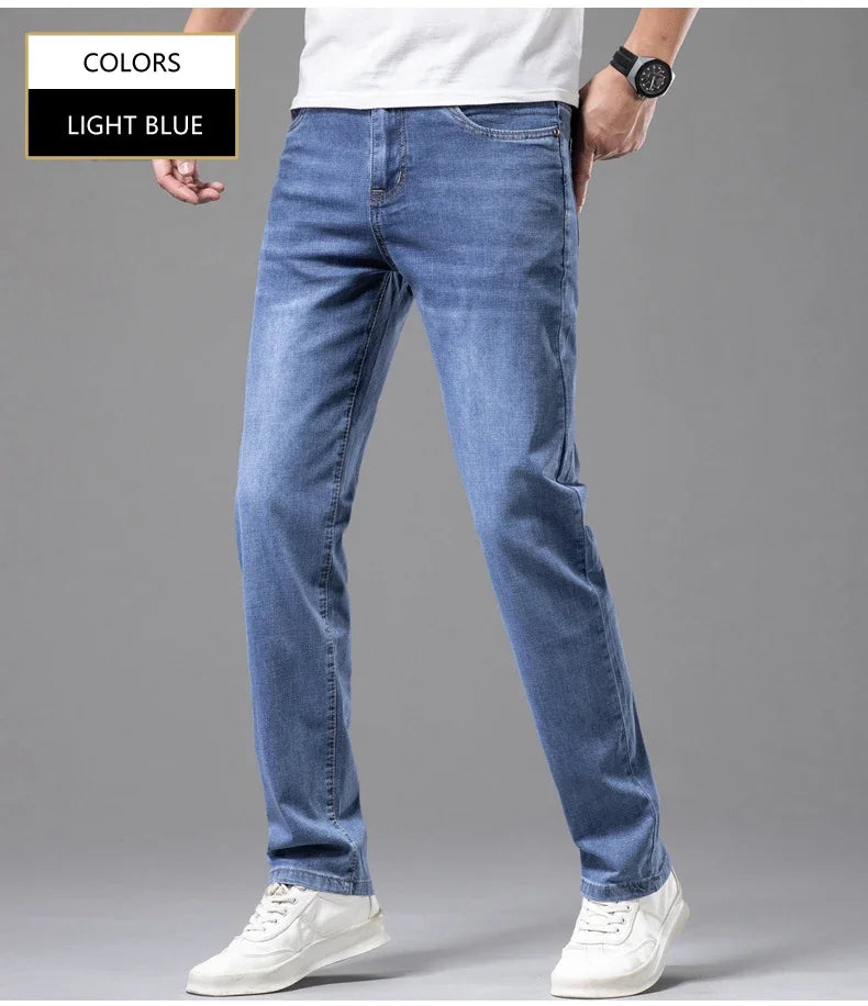 Summer Thin Men's Elastic Cotton Jeans Fashion Gray Comfortable Business Straight Casual Pants Brand Male Clothes Trousers - Tasawoq