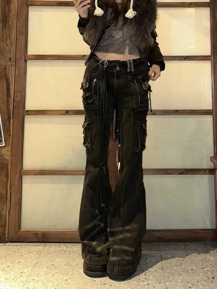 Women Korean Fashion Chic Jeans Grunge Japanese Harajuku Gyaru Y2K Denim Cargo Pants Cyber Punk Hip-pop 2000s Aesthetic Tomboy - Tasawoq