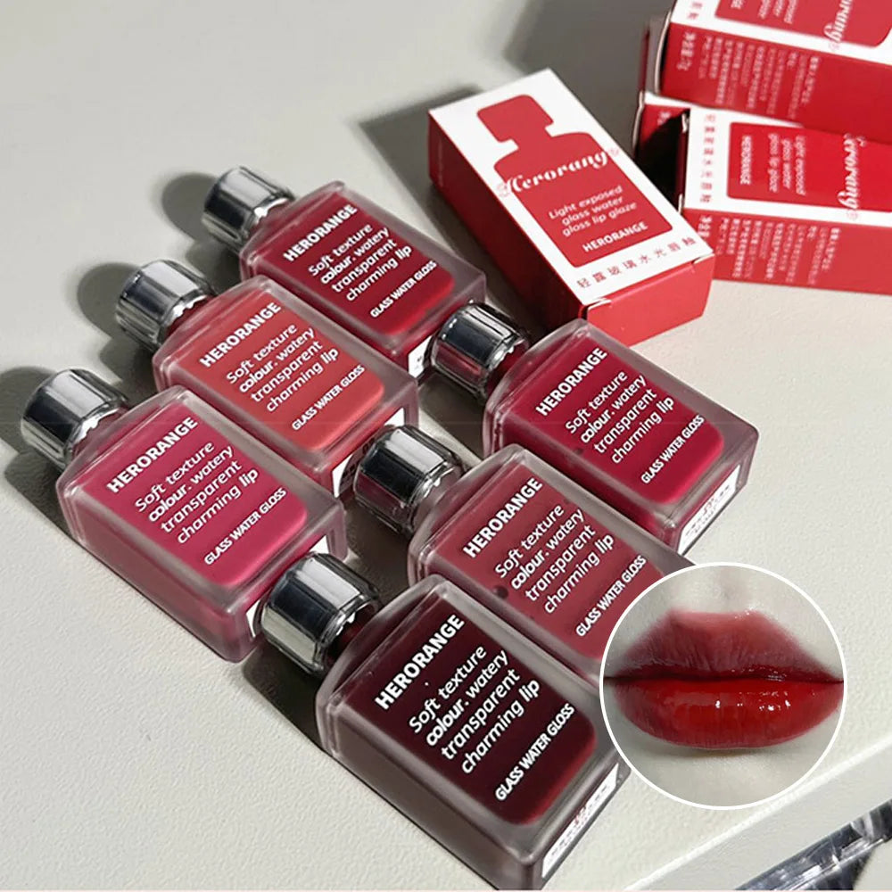 Lightly Glass Water Gloss Herorange Lip Glaze Mirror Moisturizing Plump Lips Not Easy To Stick To The Cup Long-Lasting Makeup - Tasawoq