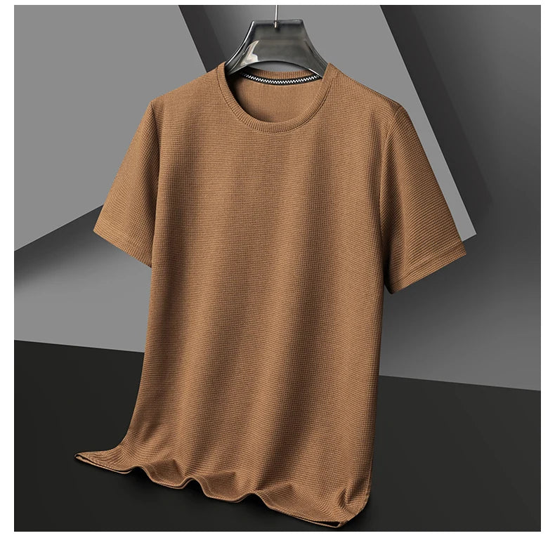 New Summer Waffle Round Neck Short Sleeved T-shirt for Men's Short Sleeved Top - Tasawoq