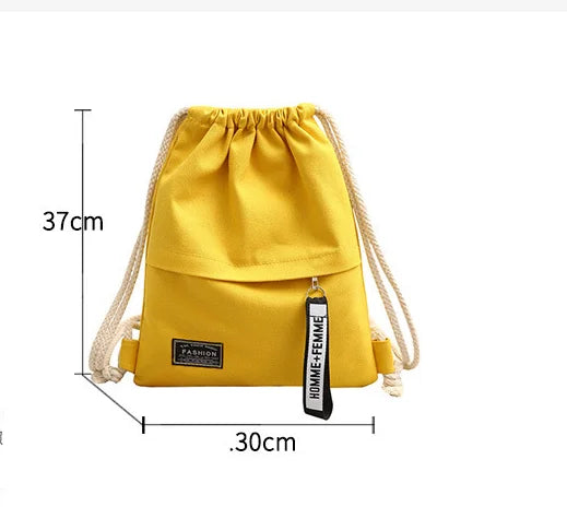 1 Pc Canvas School Bag Double Shoulder Drawstring Backpack Drawstring Pocket Portable Casual Backpack Women Men Travel Backpack - Tasawoq
