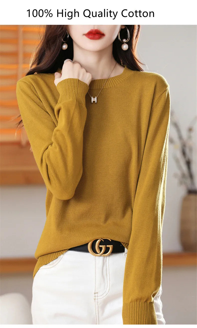 Women's 100% High-quality Cotton Knitted Sweater, Temperament Round Neck Top, Breathable And Versatile Pullover, Long Sleeved - Tasawoq