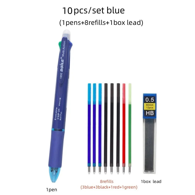 5 In 1 Multicolor Erasable Gel Pen with 4 Colors Replaceable Pen Refill 1 Automatic Pencil Lead Stationery School Writing Supply