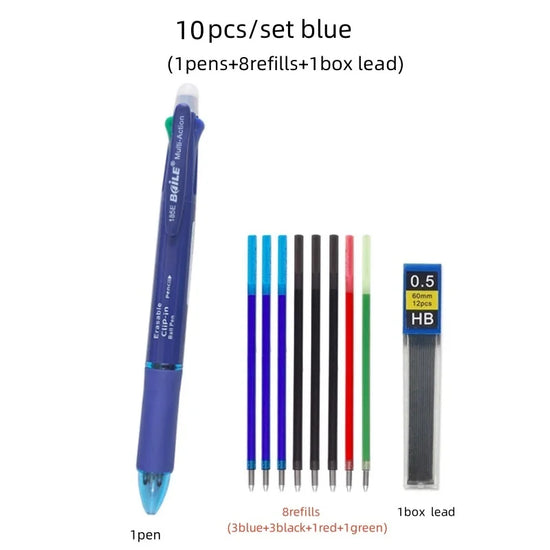 5 In 1 Multicolor Erasable Gel Pen with 4 Colors Replaceable Pen Refill 1 Automatic Pencil Lead Stationery School Writing Supply