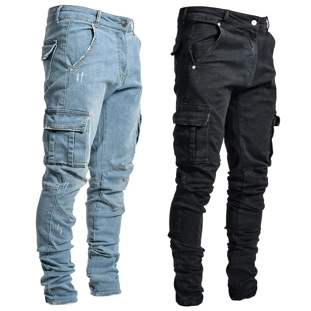Street Elastic Jeans Men Denim Cargo Pants Wash Solid Color Multi Pockets Casual Mid Waist Trousers Slim Fit Daily Wear Joggers - Tasawoq