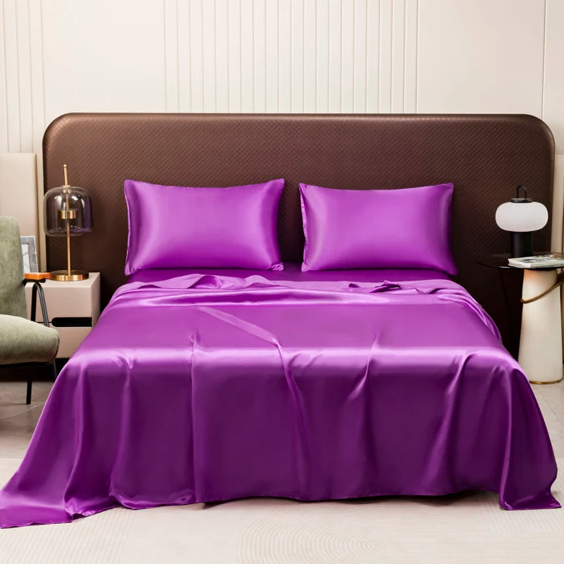 Satin Bed Sheet Sets for Summer Silky Smoooth Top Sheet with Pillowcase Single/Queen/King Ice Cooling Flat Bed Sheet Sets - Tasawoq
