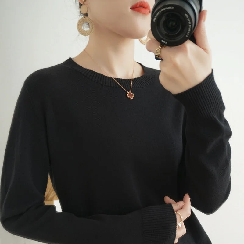 Women's 100% High-quality Cotton Knitted Sweater, Temperament Round Neck Top, Breathable And Versatile Pullover, Long Sleeved - Tasawoq