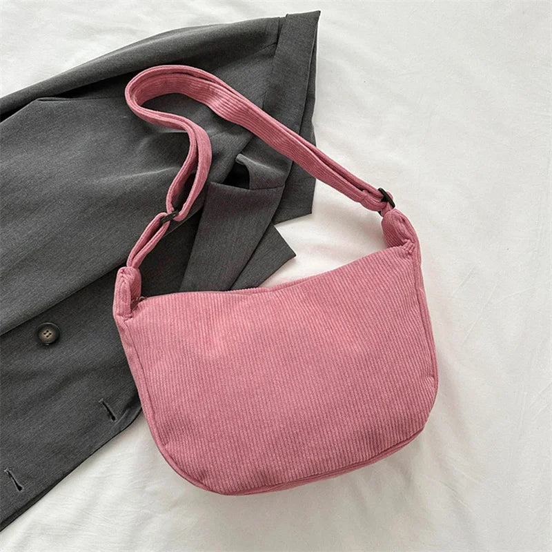 Corduroy Shoulder Bag Minimalist Crossbody Bag Women's Handbags Fashion Fabric Underarm Bag Solid Color Zipper Female Handbag - Tasawoq