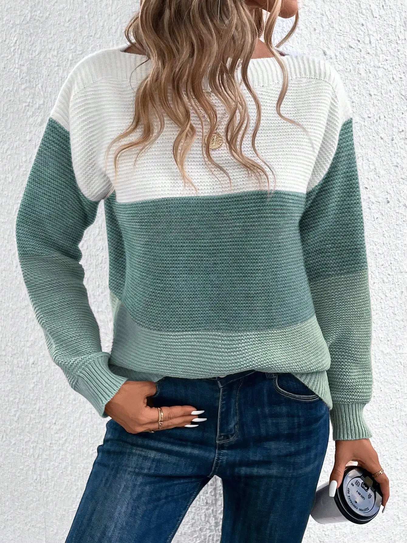 Elegant Three-color Patchwork Sweater Women Daily Commuter Casual Loose Jumpers Female Autumn Winter Knitted Thickened Warm Tops - Tasawoq