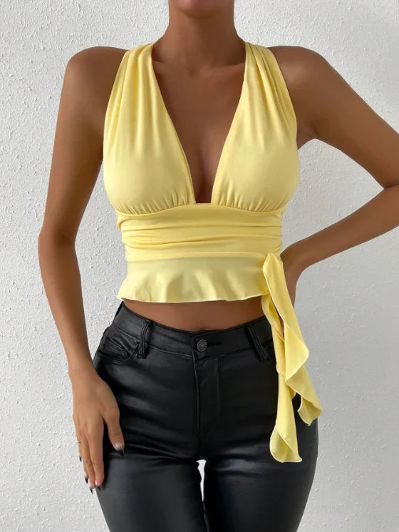 Women's Sexy Tight Fitting Deep V-neck Pleated Top Tight Fitting 2024 Spring Beach Resort Nightclub New Model Women's Sexy Tigh - Tasawoq