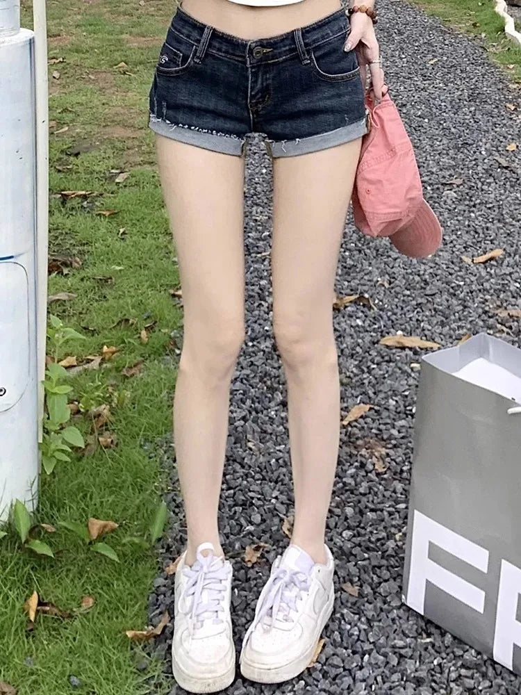 Summer New Women Korean Denim Shorts Pants Lady Low Waist Elastic Slim Fit Hot Pants Female Sexy Deep Blue Hip Wrapping Jeans - Tasawoq