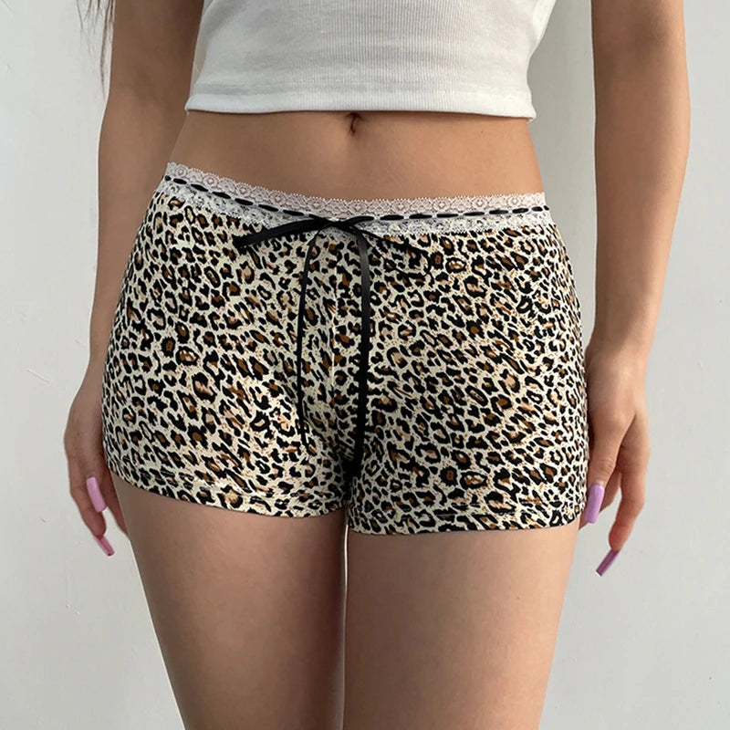 CIBBAR Hot Sexy Leopard Print Shorts Streetwear y2k Lace Patchwork Bow Low Rise Skinny Short Pants Women Vintage 2000s Clothing - Tasawoq