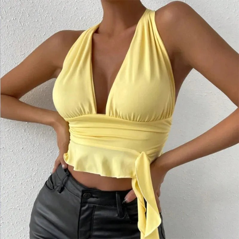 Women's Sexy Tight Fitting Deep V-neck Pleated Top Tight Fitting 2024 Spring Beach Resort Nightclub New Model Women's Sexy Tigh - Tasawoq