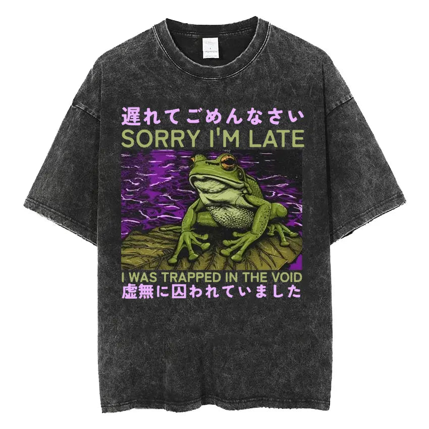 The Horrors Are Never Ending Yet I Remain Silly T-shirt Funny Japanese Style Frog Retro Washed T Shirt Men's Oversized Tees Tops - Tasawoq