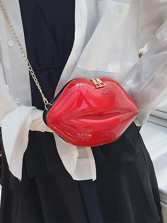 1pc Niche Red Lip Shaped Chain Bag, Novelty Mini Shoulder Bag, Women's Stylish Zipper Bag - Tasawoq