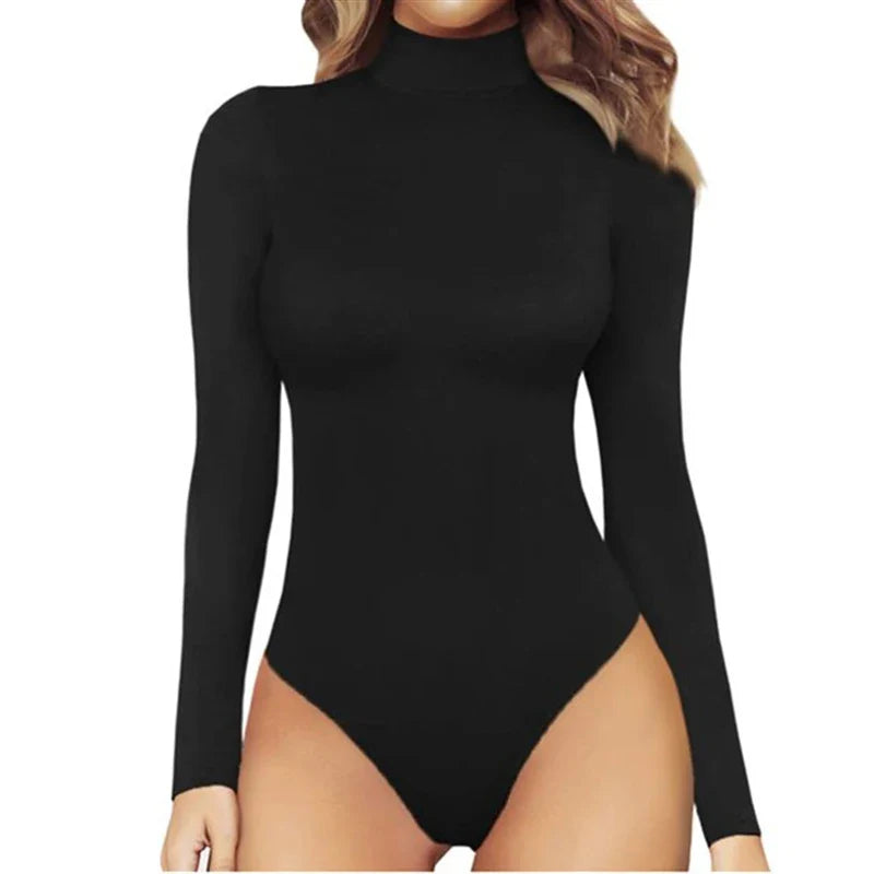 European and American casual women's standing neck solid color bottom top autumn sexy slim fitting long sleeved jumpsuit - Tasawoq