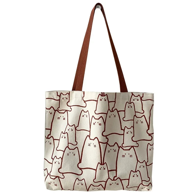 Cute Cat Shopper Handbags Shoulder Fashion Canvas Casual Shopping Girls Women Graphic Tote BagJapanese Cartoon Small Shoulder - Tasawoq